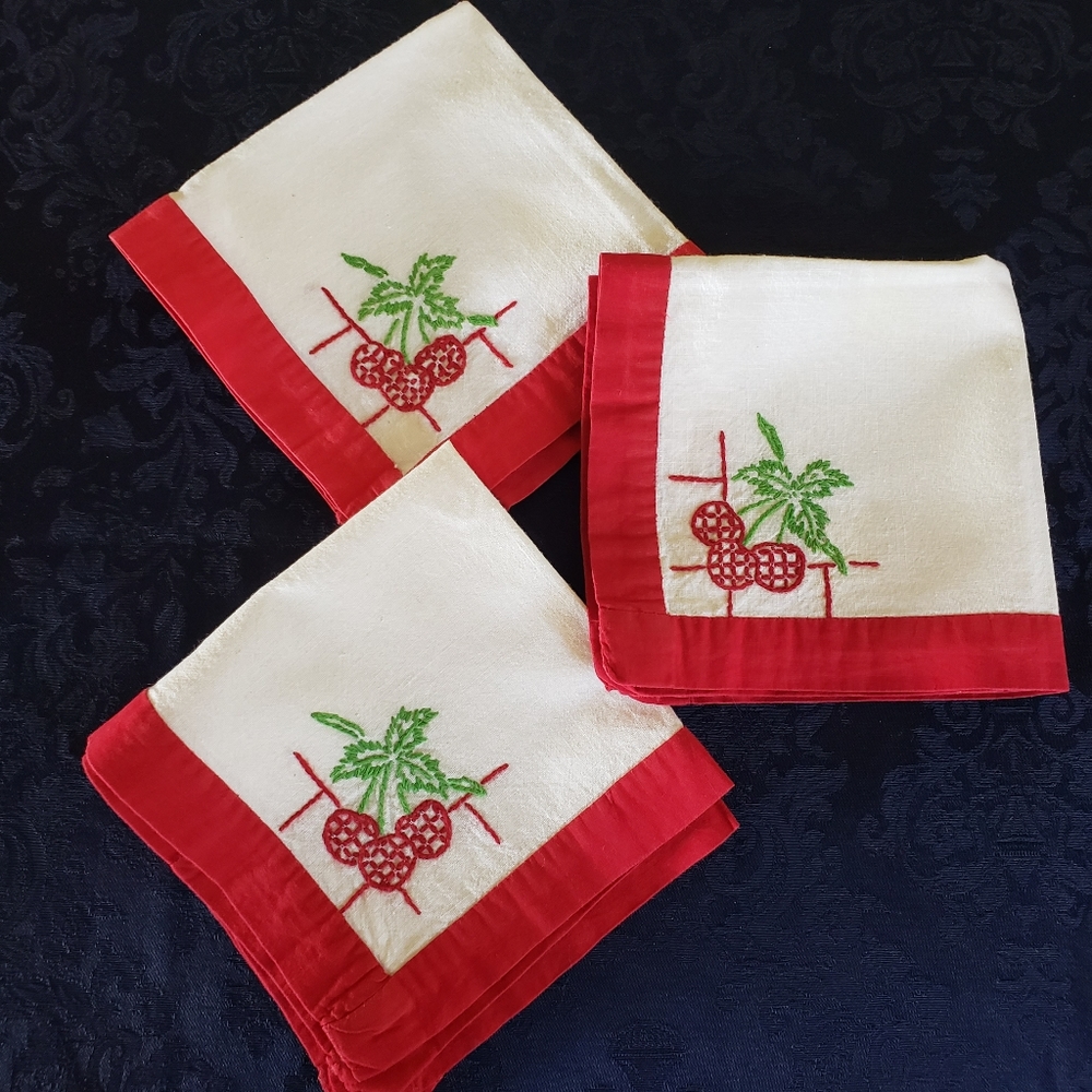 Lot of 3 VTG Hand Embroidered Table Topper Napkins Placemat Cherry Red White VTG